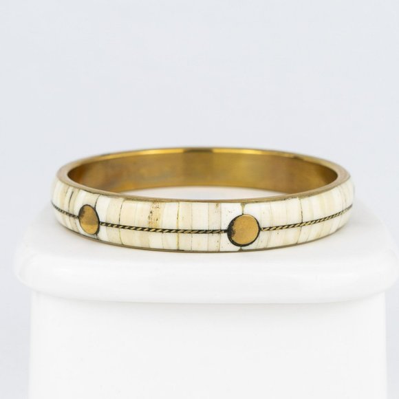 COPY - Brass Inlaid Bone Bangle Bracelet Panel Rectangle Off-White Circles Conv… - Picture 4 of 8